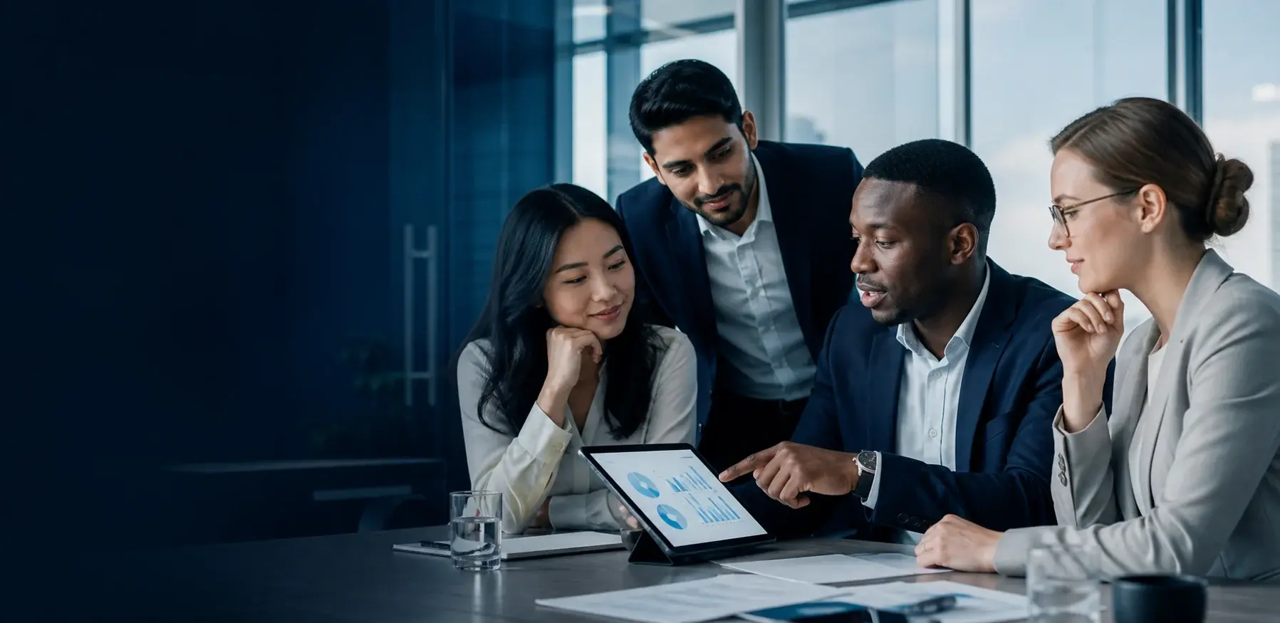 A diverse group of professionals collaborating in a modern UK workplace